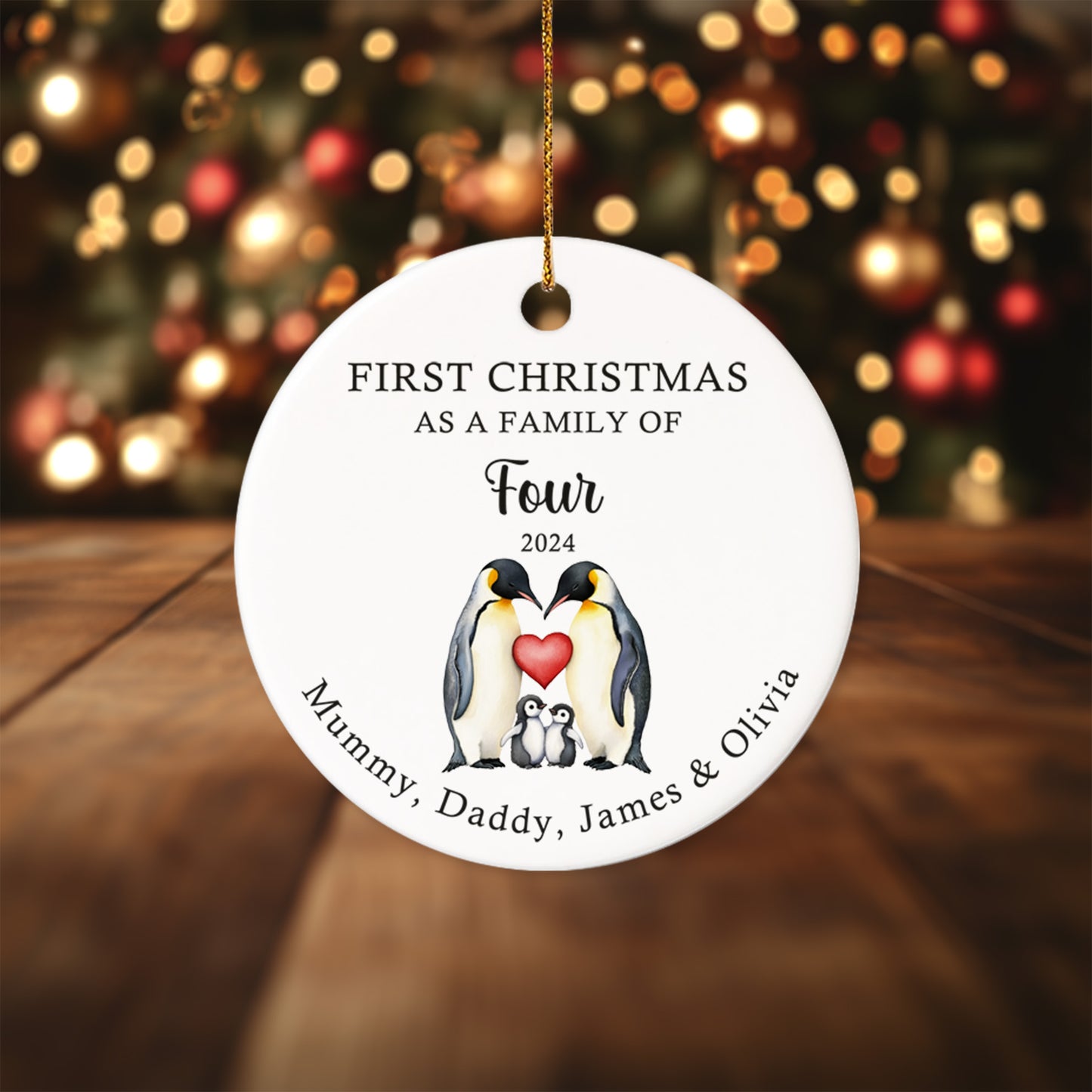 First Christmas as a family of Four Penguins 1 - Personalized Ceramic Circle Ornament