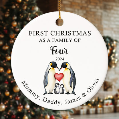 First Christmas as a family of Four Penguins 1 - Personalized Ceramic Circle Ornament