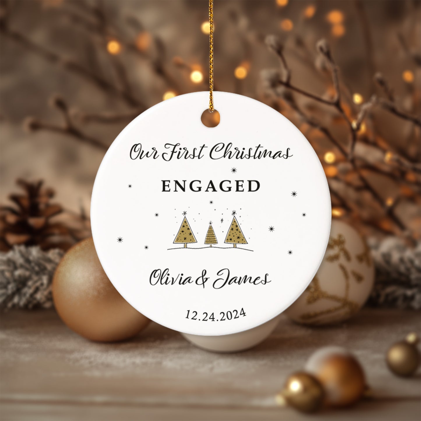 Our First Christmas Engaged 1 - Personalized Ceramic Circle Ornament