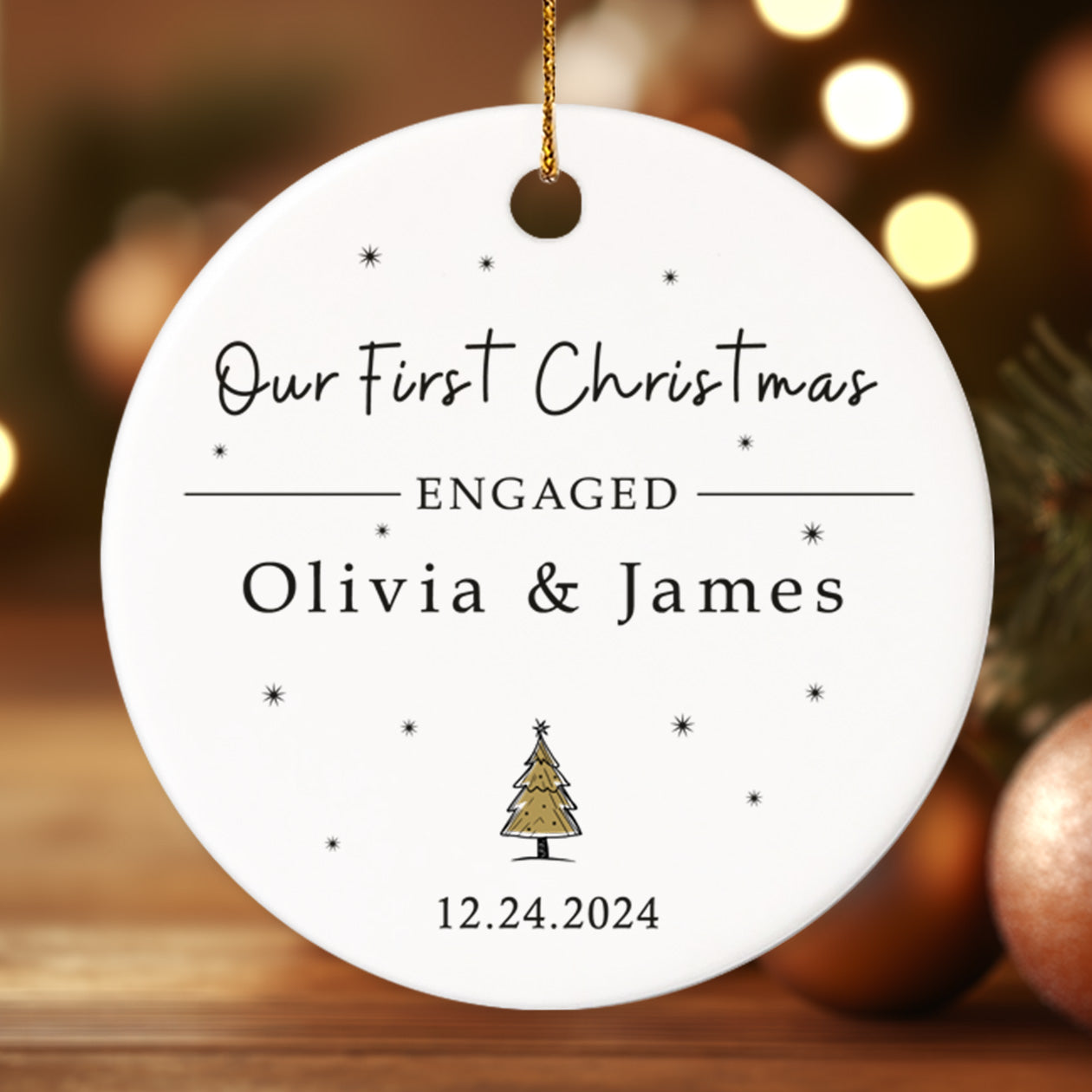 Our First Christmas Engaged 2 - Personalized Ceramic Circle Ornament