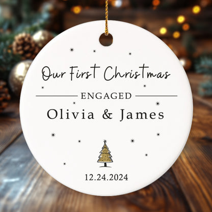 Our First Christmas Engaged 2 - Personalized Ceramic Circle Ornament