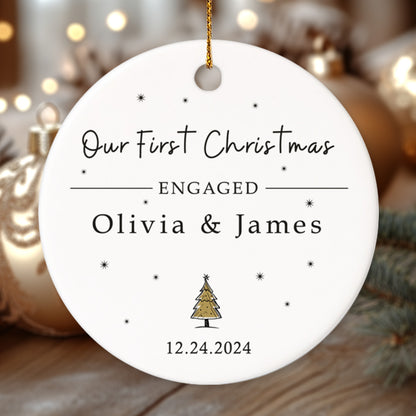 Our First Christmas Engaged 2 - Personalized Ceramic Circle Ornament