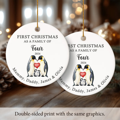 First Christmas as a family of Four Penguins 1 - Personalized Ceramic Circle Ornament