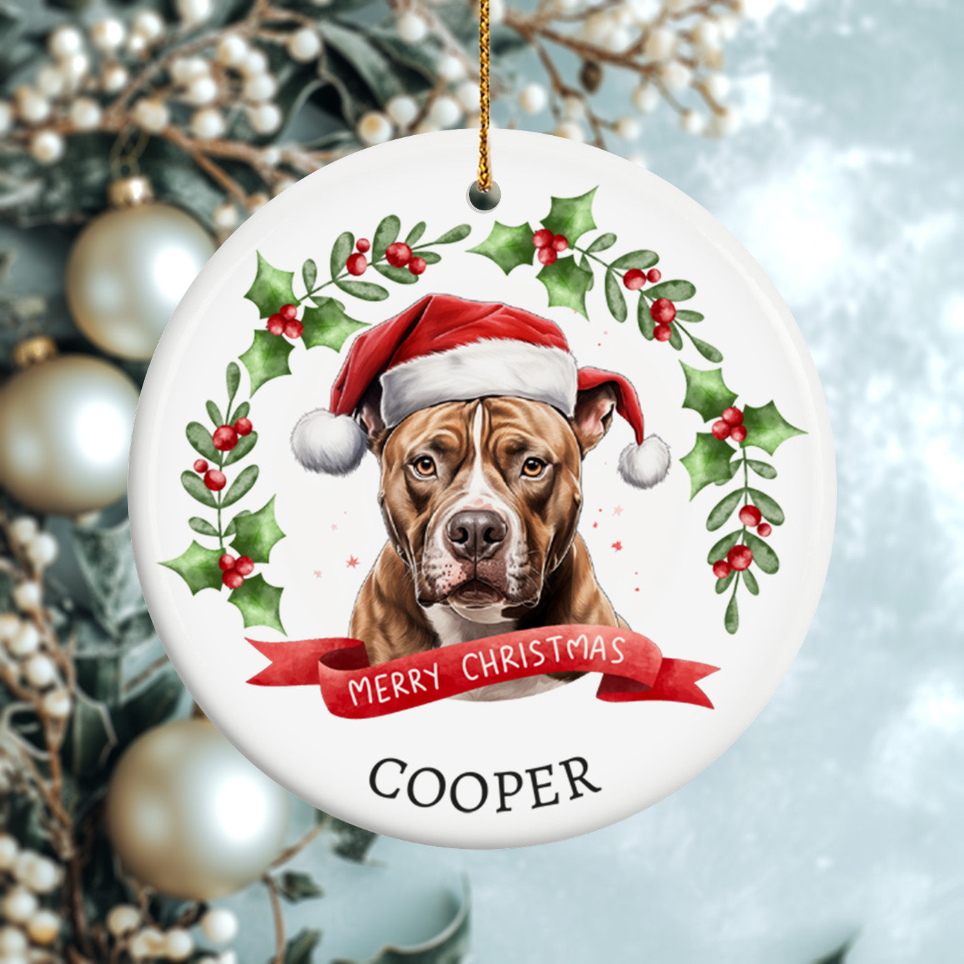 Christmas Pet Portrait 1, Dog breeds starting with the letters A-B - Personalized Ceramic Circle Ornament