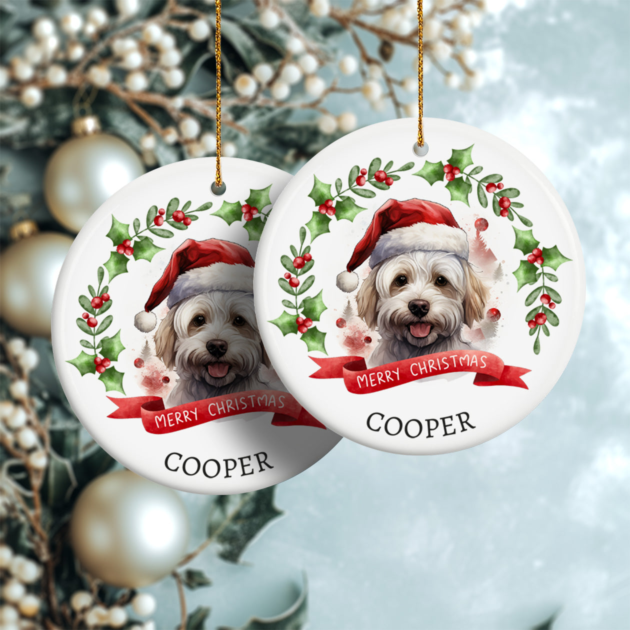 Christmas Pet Portrait 1, Dog breeds starting with the letters M-R - Personalized Ceramic Circle Ornament