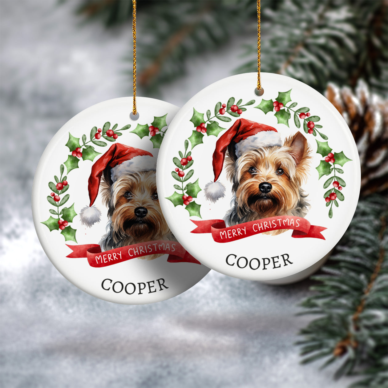 Christmas Pet Portrait 1, Dog breeds starting with the letters S-Y - Personalized Ceramic Circle Ornament