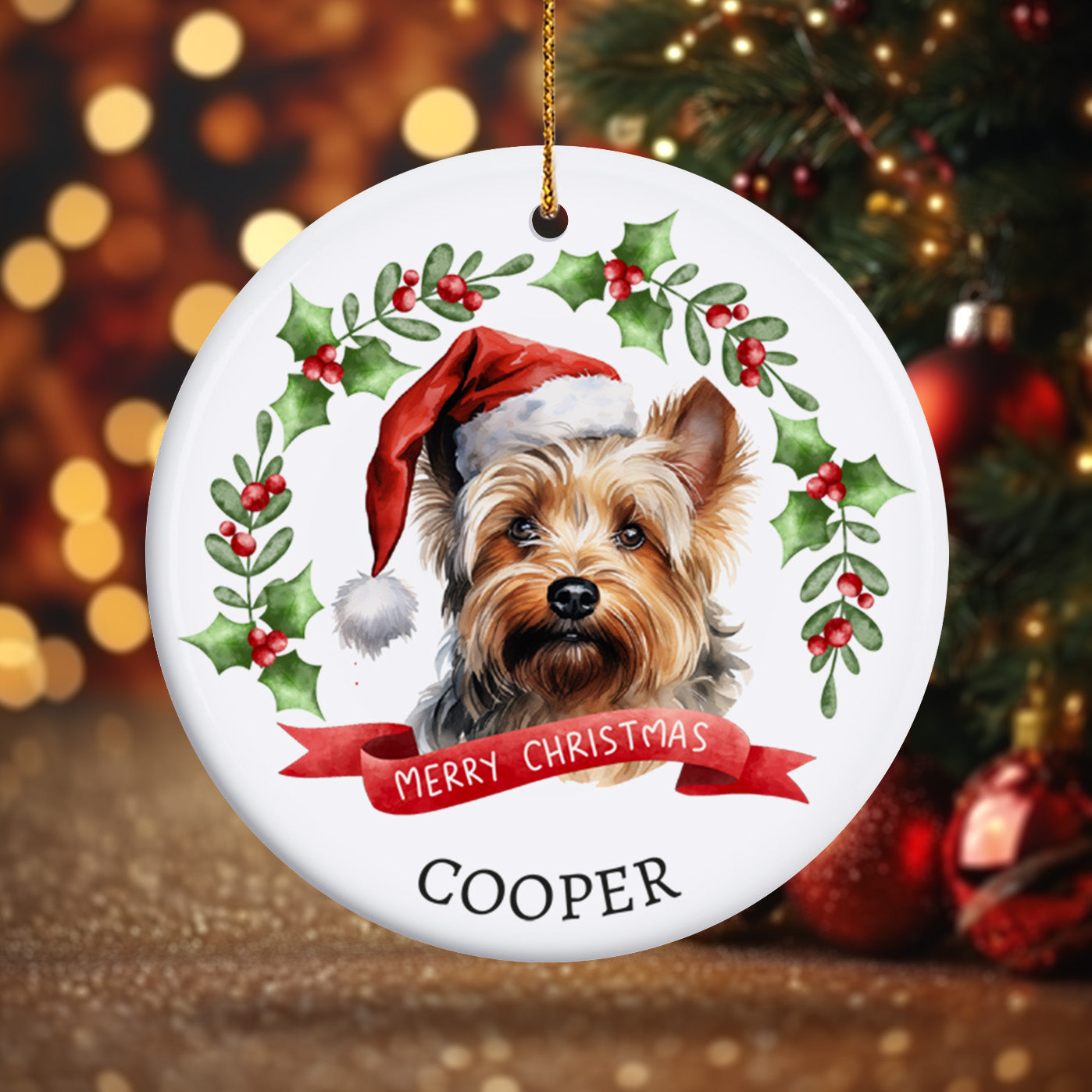 Christmas Pet Portrait 1, Dog breeds starting with the letters S-Y - Personalized Ceramic Circle Ornament