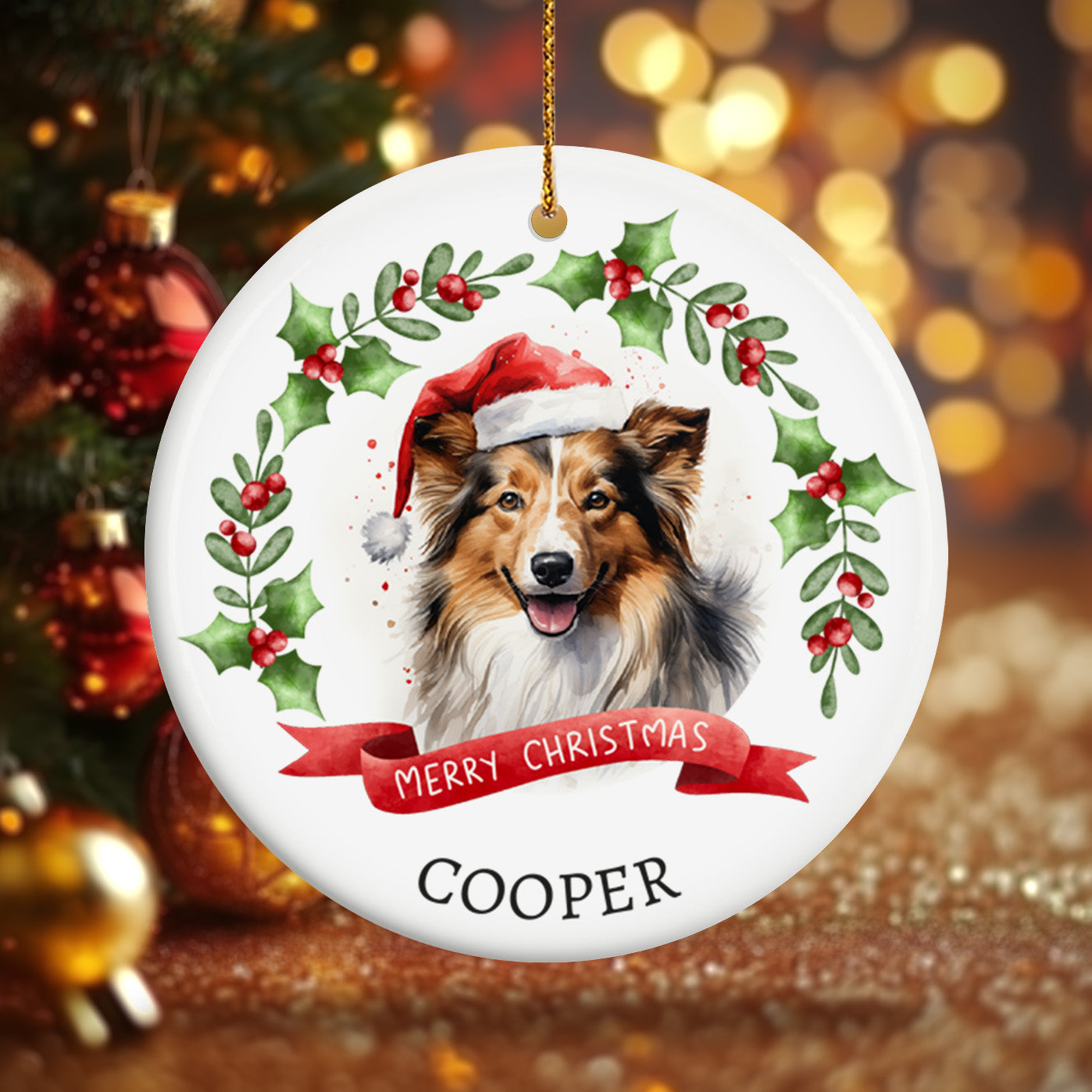 Christmas Pet Portrait 1, Dog breeds starting with the letters S-Y - Personalized Ceramic Circle Ornament