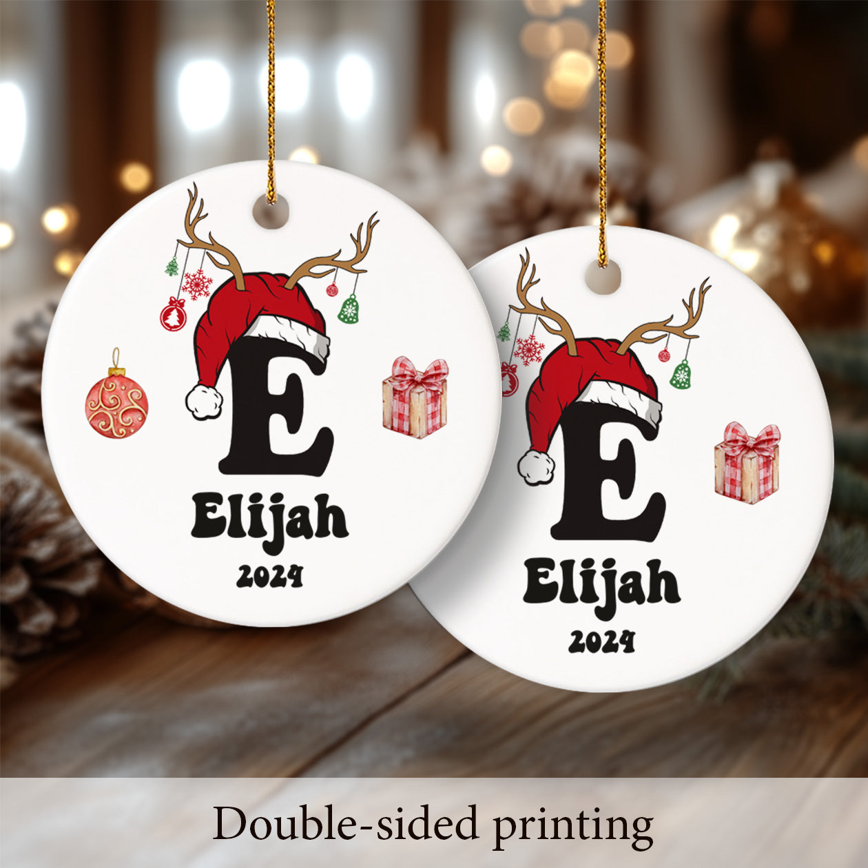 Letter Name Ornament Santa's Hat - Personalized Ceramic Circle Ornament