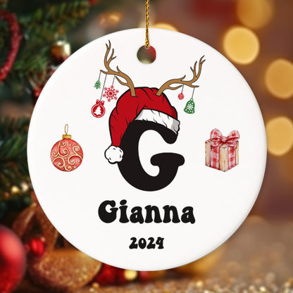 Letter Name Ornament Santa's Hat - Personalized Ceramic Circle Ornament