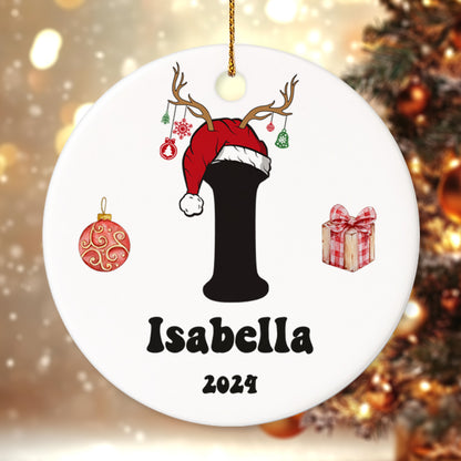 Letter Name Ornament Santa's Hat - Personalized Ceramic Circle Ornament