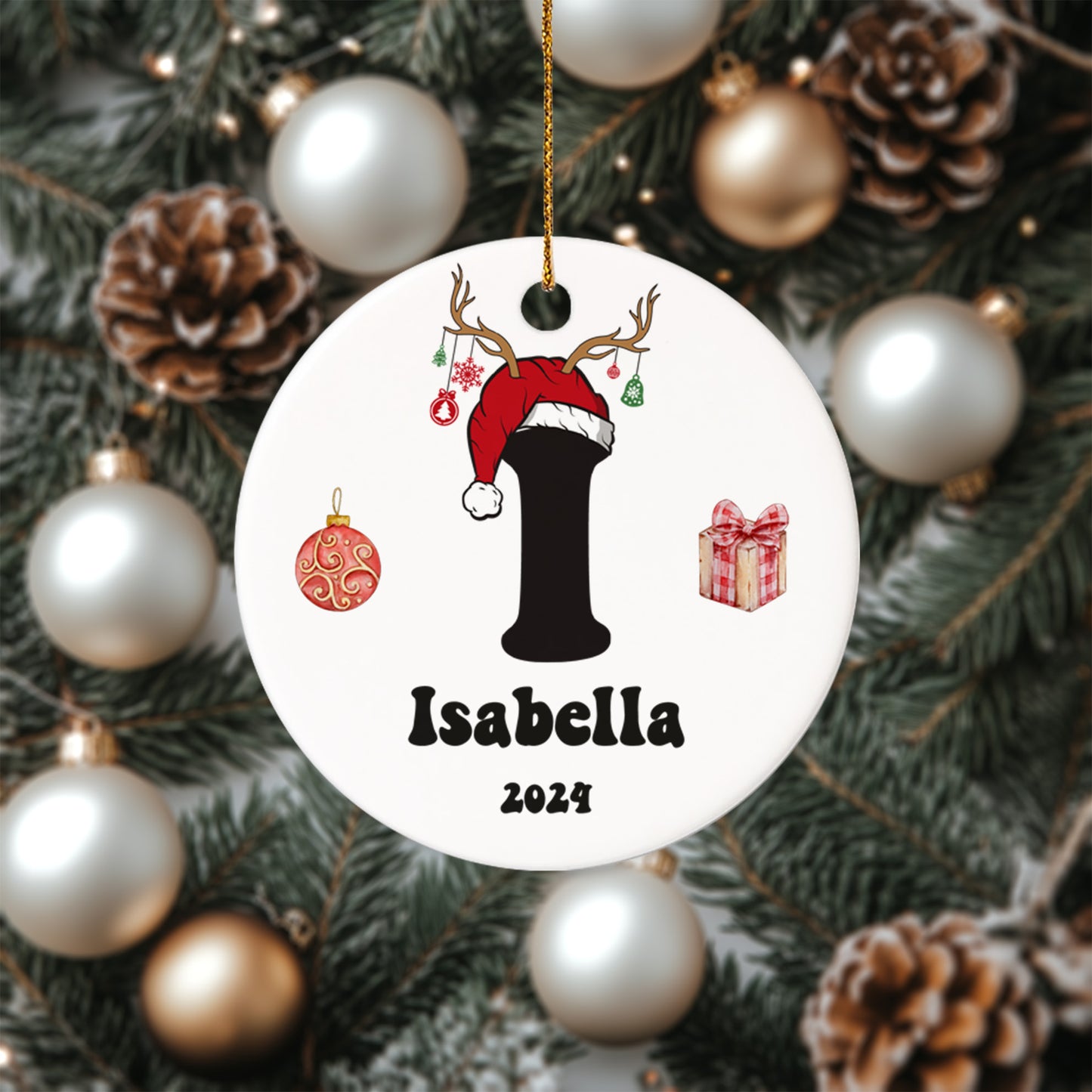 Letter Name Ornament Santa's Hat - Personalized Ceramic Circle Ornament