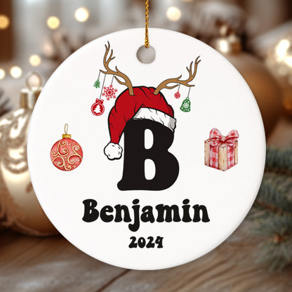 Letter Name Ornament Santa's Hat - Personalized Ceramic Circle Ornament