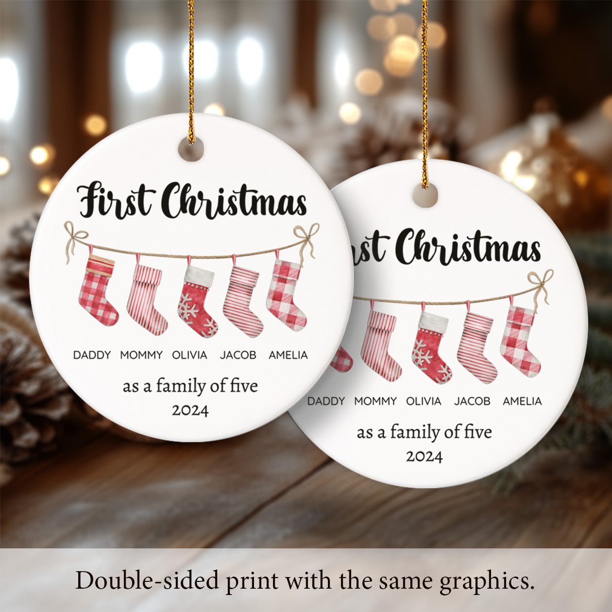 First Christmas as a Family of Five, Christmas Socks - Personalized Ceramic Circle Ornament